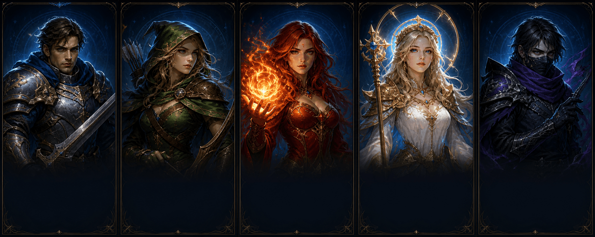 Five Hero Spotlight fantasy heroes: a swordsman, ranger, mage, healer, and rogue
